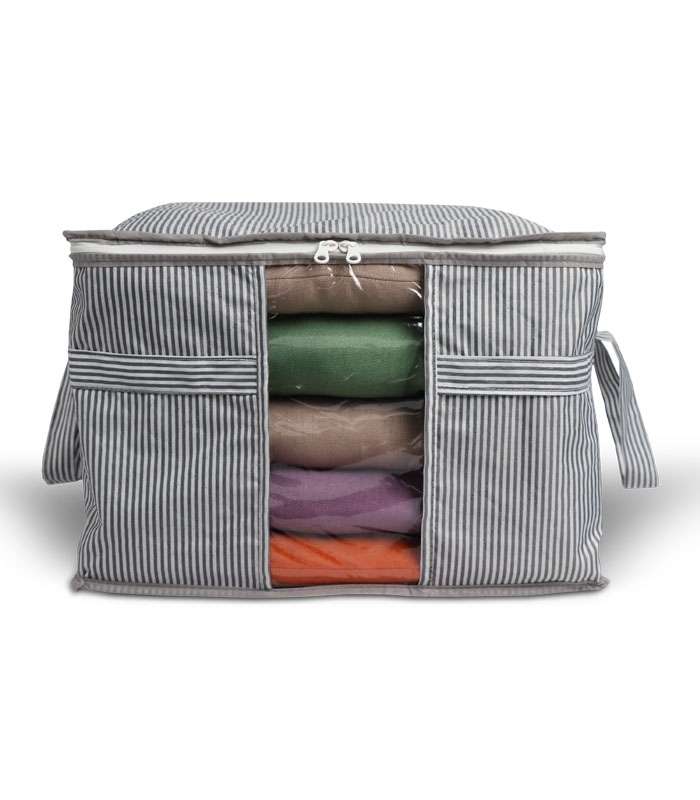 خرید عمده  بقچه پنجره دار کد 349 طرح راه راه آلاس ابعاد 30×40×45 سانتی متر سایز S خاکستری سفید - بسته 12 عددی