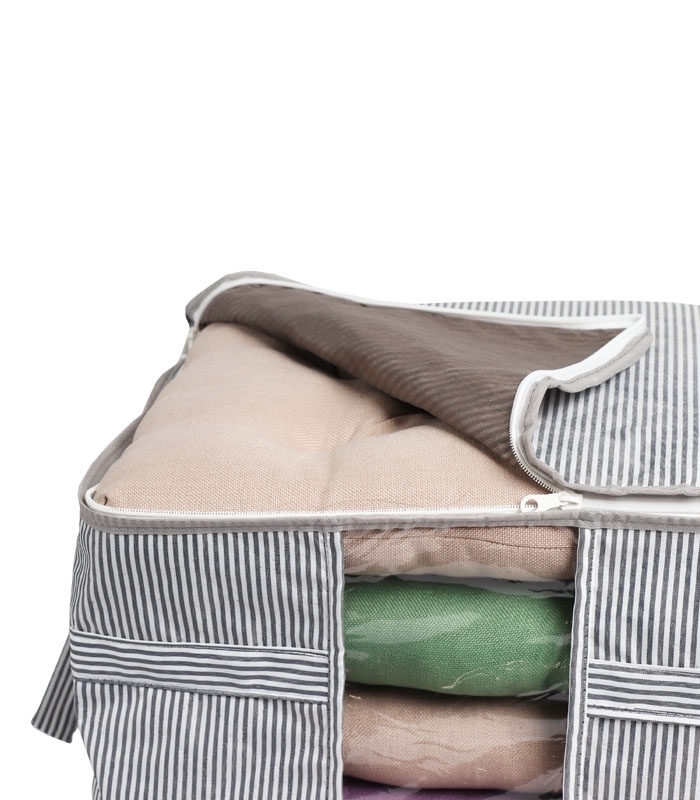 خرید عمده  بقچه پنجره دار کد 349 طرح راه راه آلاس ابعاد 30×40×45 سانتی متر سایز S خاکستری سفید - بسته 12 عددی