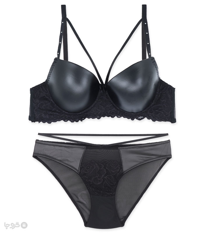 خرید عمده پک ست شورت و سوتین کاپدار فنردار چرم و تور اما گلدوزی کد 3085 - بسته 4 عددی