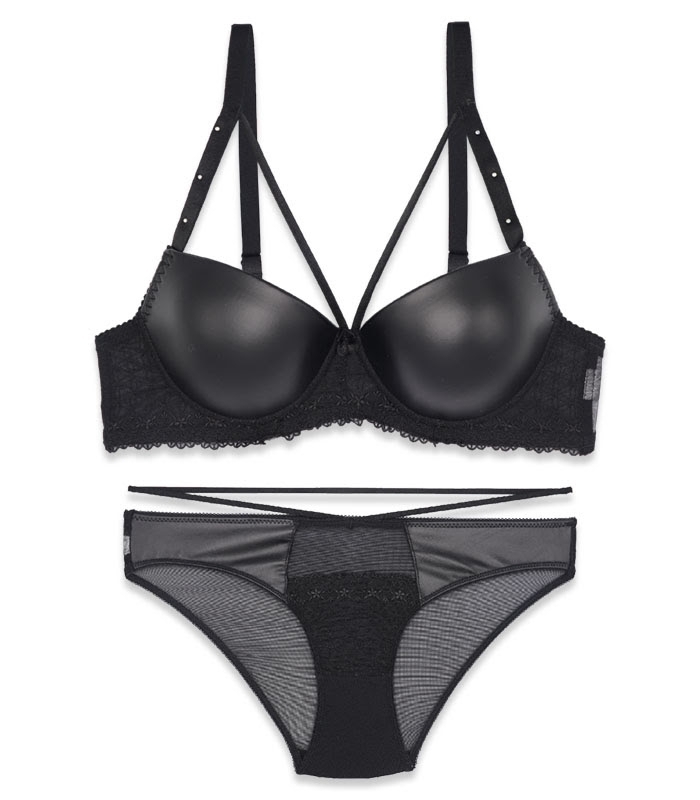 پک ست شورت و سوتین کاپدار فنردار چرم و تور اما گلدوزی کد 3085 - بسته 5 عددی