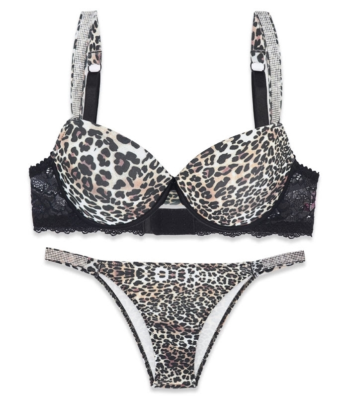 خرید عمده پک ست شورت و سوتین کاپدار فنردار نگین دار اما کد 3070 طرح پلنگی - بسته 4 عددی