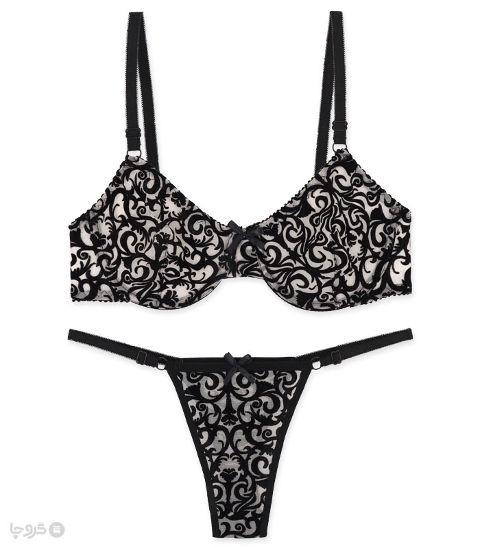 خرید عمده پک ست شورت و سوتین توری فنردار ژوبین کد 1404 طرح پیچک مخمل - بسته 4 عددی