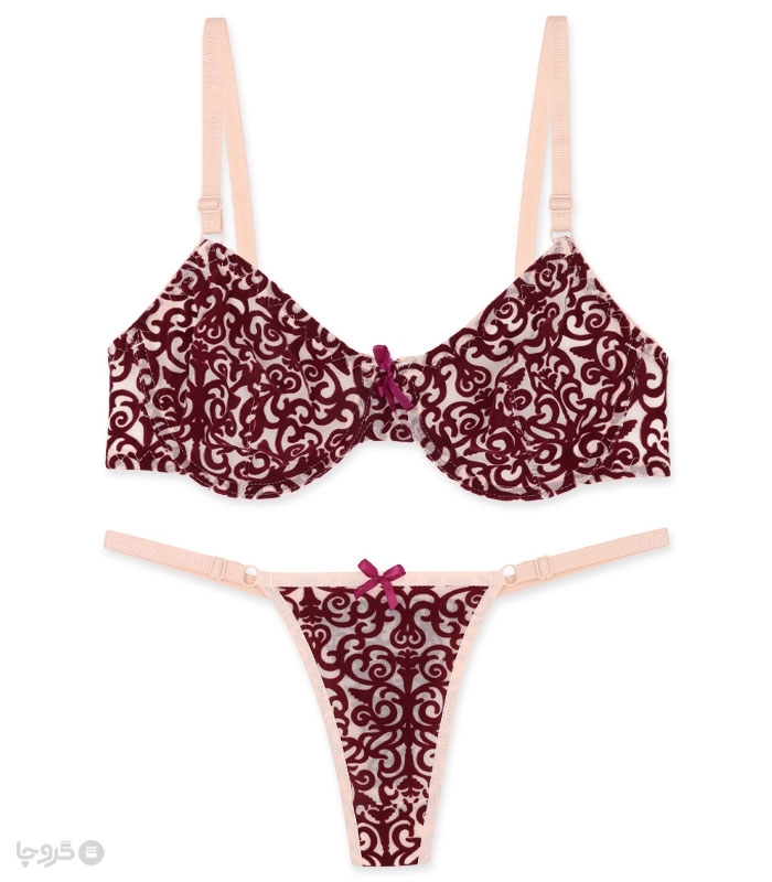 پک ست شورت و سوتین توری فنردار ژوبین کد 1404 طرح پیچک مخمل - بسته 4 عددی