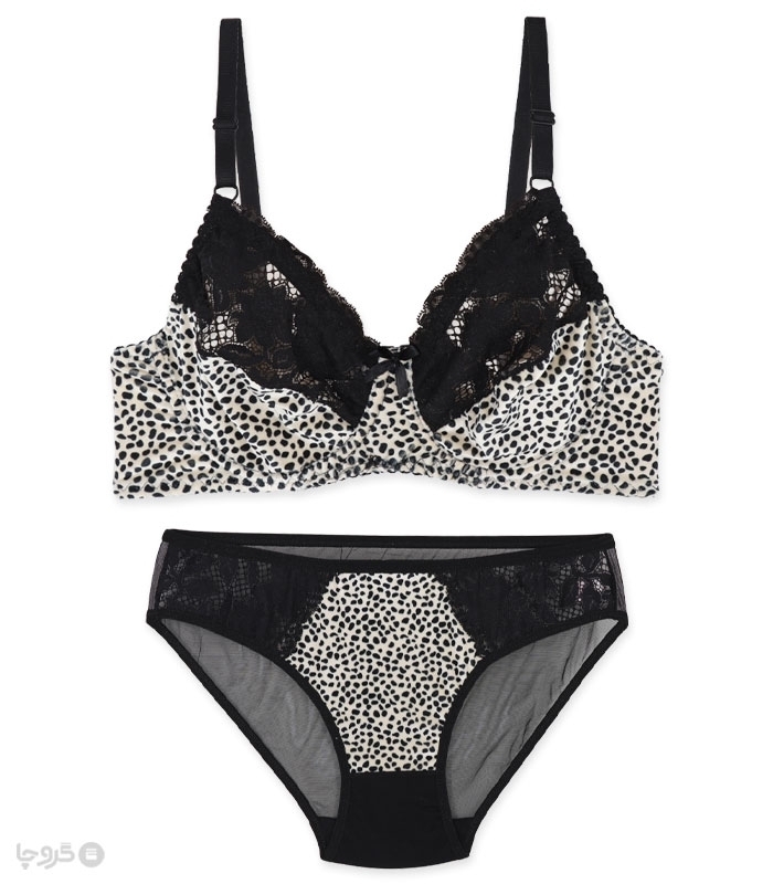 خرید عمده پک ست شورت و سوتین تور و مخمل فنردار ژوبین کد 55 طرح سنگی - بسته 4 عددی