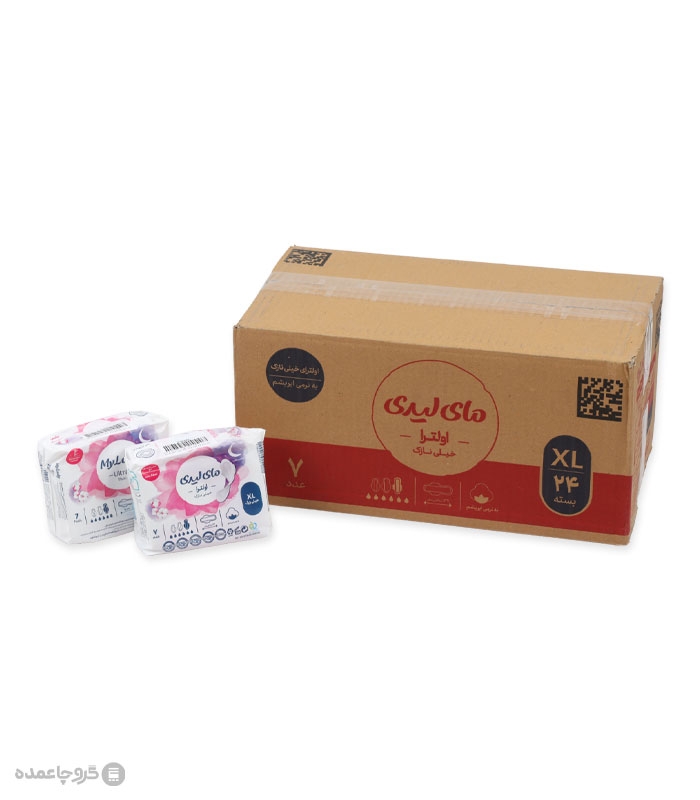 خرید کارتنی نوار بهداشتی بالدار خیلی نازک کتان مای لیدی مدل Ultra Thin خیلی بزرگ - کارتن 24 عددی