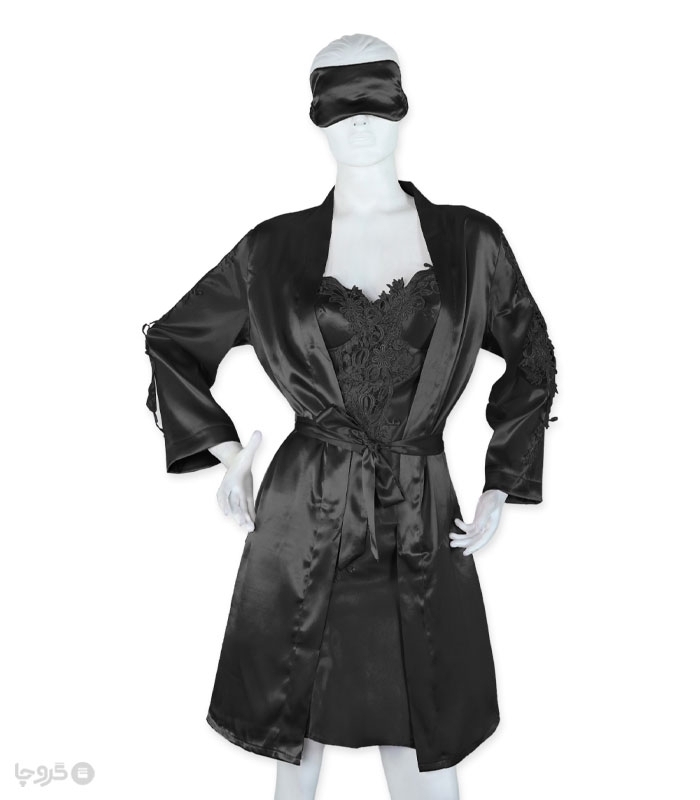 خرید عمده پک ست پیراهن و روبدوشامبر و چشم بند ساتن و گیپور Ema اما کد 3590 - بسته 2 عددی