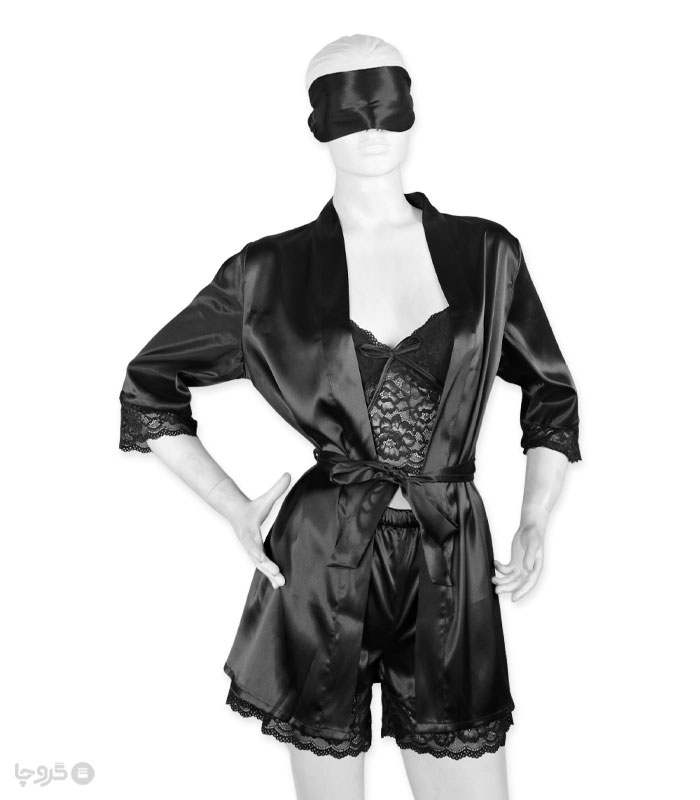 خرید عمده پک ست شورتک و تاپ بندی و روبدوشامبر ساتن و گیپور Ema اما کد 3635 - بسته 2 عددی