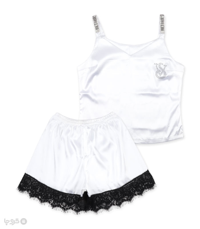 خرید عمده پک ست شورتک و تاپ بندی ساتن نگین دار Ema اما کد 2880 - بسته 2 عددی