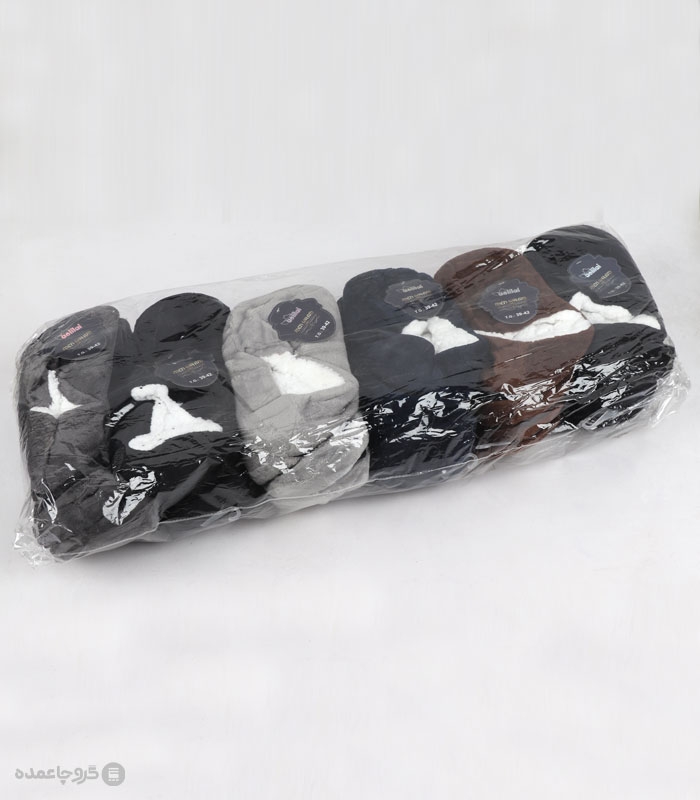 خرید عمده پک پاپوش پشمی مردانه کف استپدار ساده - بسته 12 جفتی