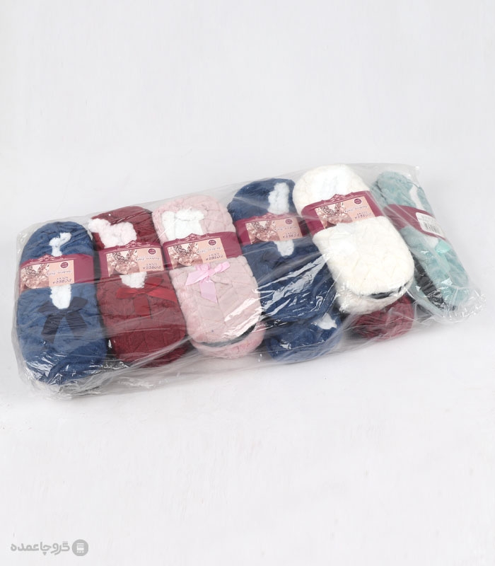 خرید عمده پک پاپوش پشمی پاپیون دار کف استپدار دوبرا طرح 2 - بسته 12 جفتی