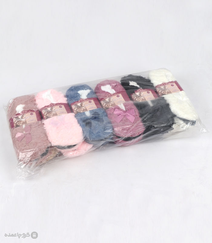 خرید عمده پک پاپوش پشمی پاپیون دار کف استپدار دوبرا طرح 5 - بسته 12 جفتی