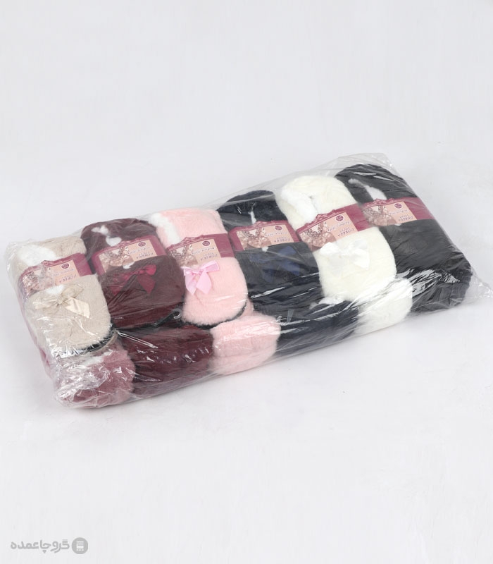 خرید عمده پک پاپوش پشمی پاپیون دار کف استپدار دوبرا طرح 6 - بسته 12 جفتی