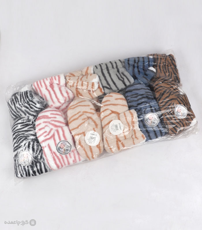 خرید عمده پک پاپوش پشمی ساقدار کف استپدار دوبرا طرح ببری - بسته 12 جفتی