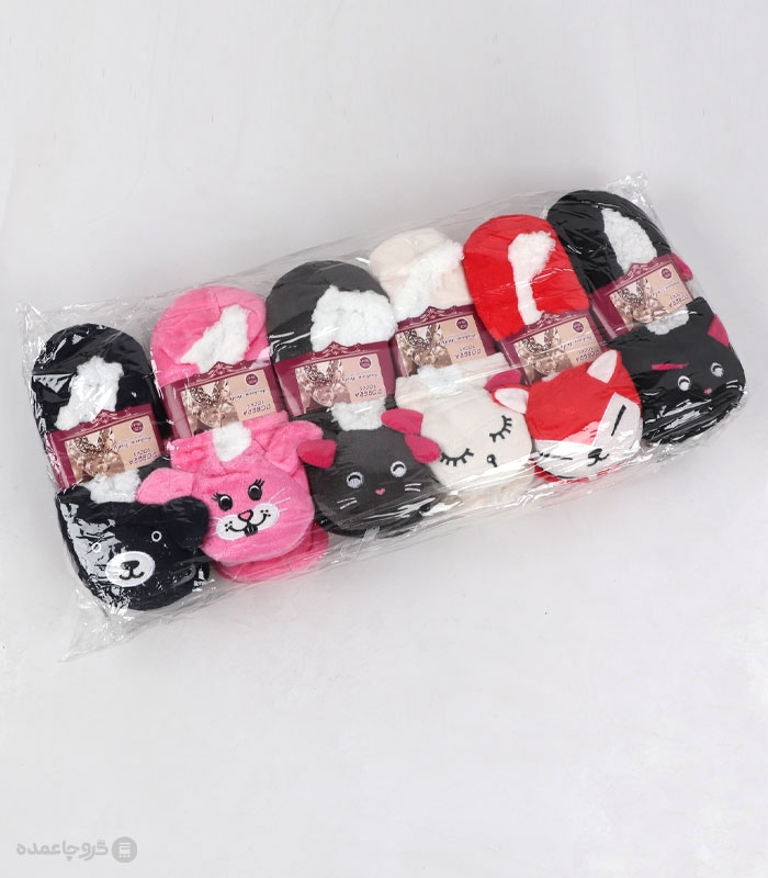 خرید عمده پک پاپوش پشمی عروسکی کف استپدار دوبرا طرح حیوانات 1 - بسته 12 جفتی