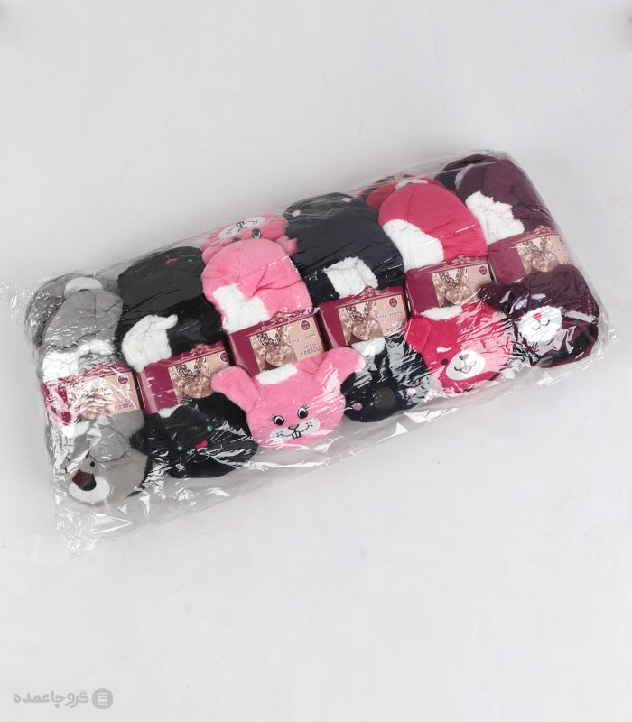 خرید عمده پک پاپوش پشمی عروسکی کف استپدار دوبرا طرح حیوانات 2 - بسته 12 جفتی