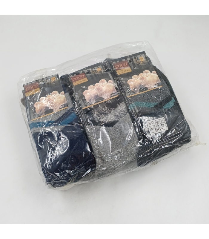 خرید عمده پک جوراب پشمی حوله‌ای ساقدار مردانه کوکو اند هانا طرح هندسی - بسته 12 جفتی