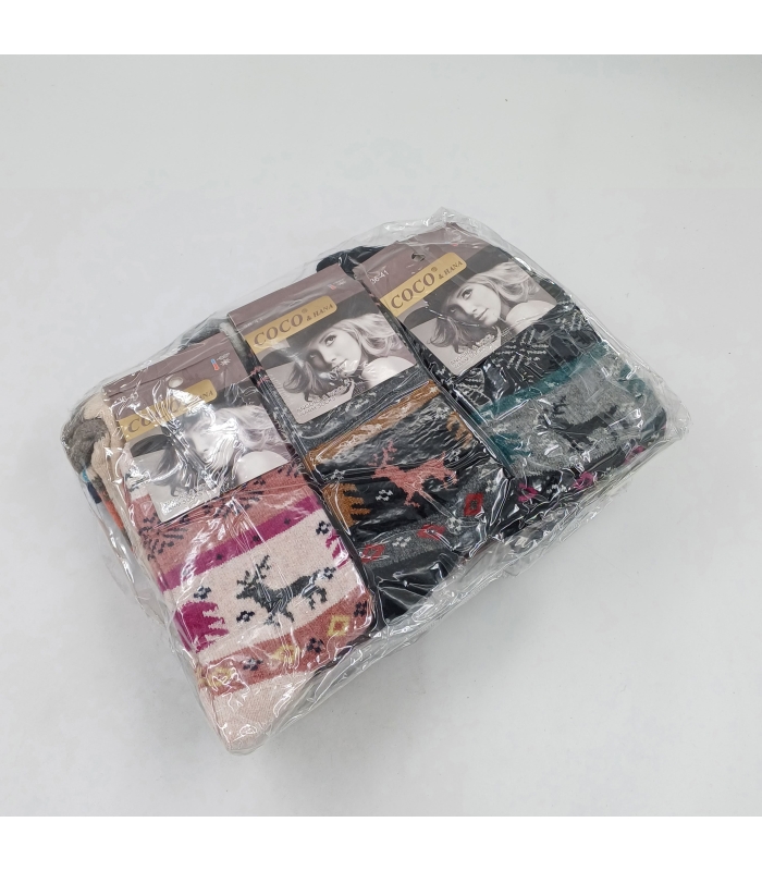 خرید عمده پک جوراب پشمی حوله‌ای ساقدار زنانه کوکو اند هانا Coco & Hana طرح گوزن - بسته 12 جفتی