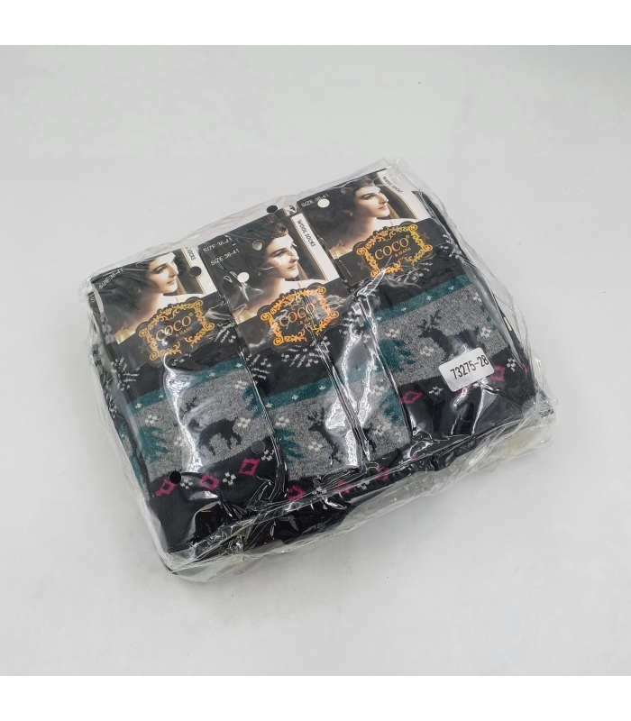 خرید عمده پک جوراب پشمی حوله‌ای ساقدار زنانه کوکو اند هانا Coco & Hana طرح گوزن - بسته 12 جفتی