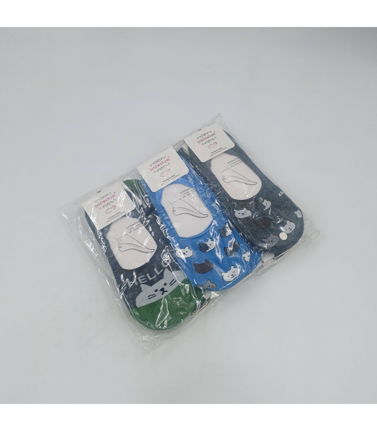 خرید عمده پک جوراب کالج زنانه پشت ژله‌ای طرح گربه - بسته 12 جفتی