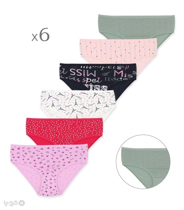 خرید عمده پک شورت زنانه اسلیپ نخی Misspel میسپل کد 6000 میکس طرح‌دار - 2 جعبه 6 عددی