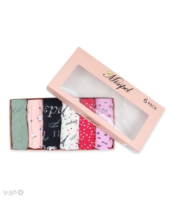 خرید عمده پک شورت زنانه اسلیپ نخی Misspel میسپل کد 6000 میکس طرح‌دار - 2 جعبه 6 عددی