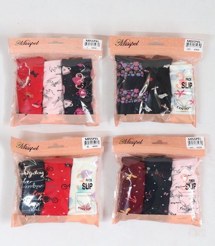 خرید عمده پک شورت زنانه اسلیپ نخی Misspel میسپل کد 4000 میکس طرح‌دار - 4 بسته 3 عددی
