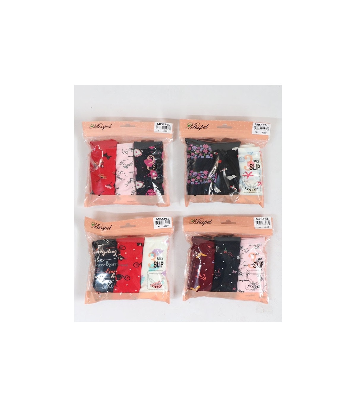 خرید عمده پک شورت زنانه اسلیپ نخی Misspel میسپل کد 4000 میکس طرح‌دار - 4 بسته 3 عددی