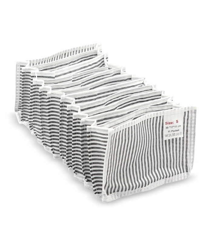 خرید عمده پک نظم دهنده کشو کد 330 طرح راه راه آلاس ابعاد 11×17×38 سانتی متر سایز S خاکستری سفید - 11 جیب - بسته 12 عددی