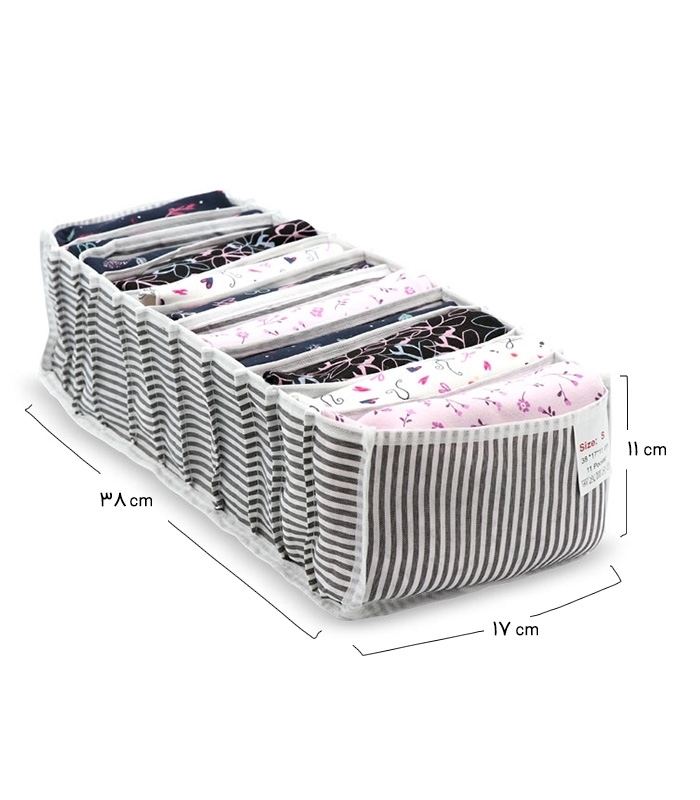 خرید عمده پک نظم دهنده کشو کد 330 طرح راه راه آلاس ابعاد 11×17×38 سانتی متر سایز S خاکستری سفید - 11 جیب - بسته 12 عددی