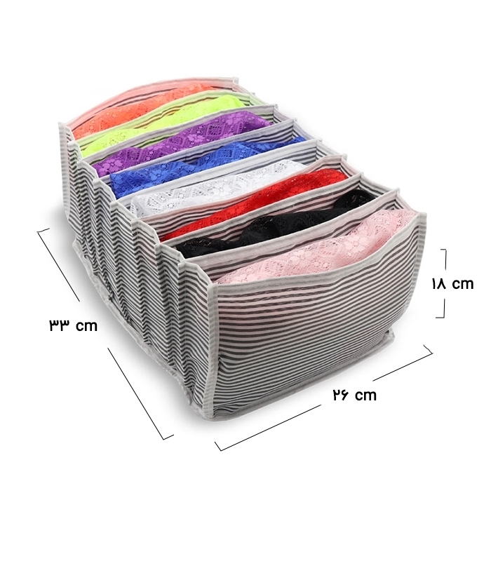 خرید عمده پک نظم دهنده کشو کد 333 طرح راه راه آلاس ابعاد 18×26×33 سانتی متر سایز XL خاکستری سفید - 8 جیب - بسته 12 عددی