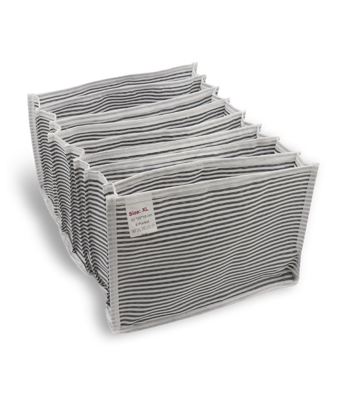 خرید عمده پک نظم دهنده کشو کد 333 طرح راه راه آلاس ابعاد 18×26×33 سانتی متر سایز XL خاکستری سفید - 8 جیب - بسته 12 عددی